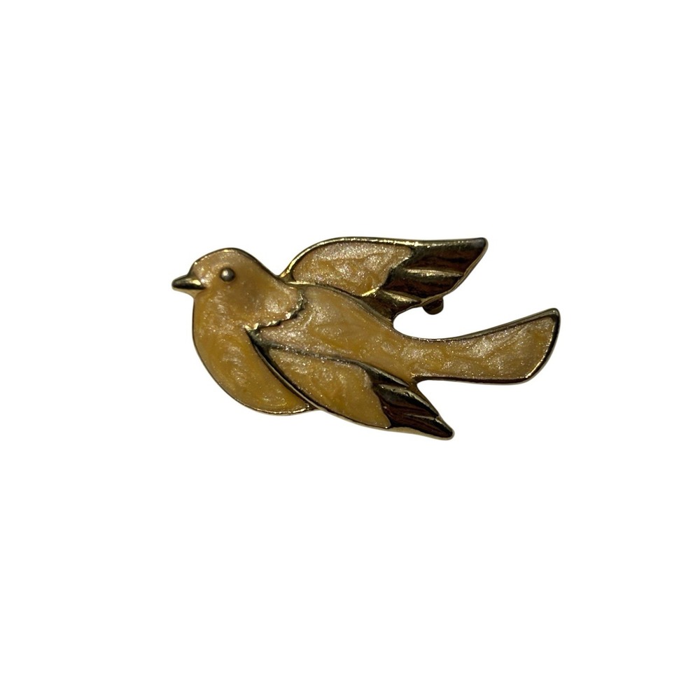 Vintage Gold Tone Sparkly Brushed Cream Enamel Peace Dove Bird Brooch Pin